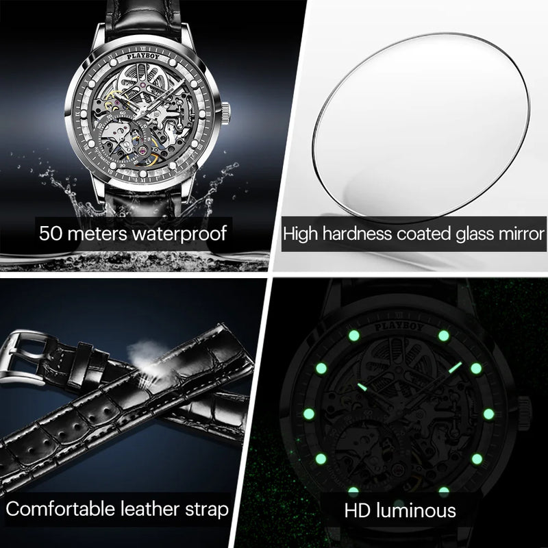 Stainless Steel Leather Strap Skeleton Automatic Mechanical Watch for Men