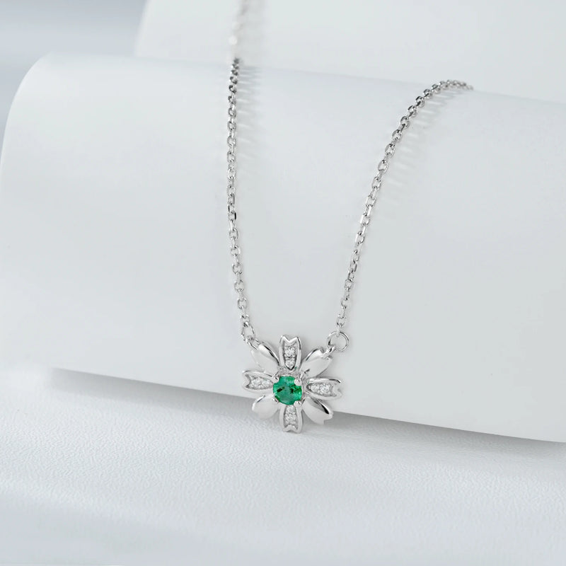 925 Sterling Silver Emerald Chrysanthemum Pendant Necklace for Women