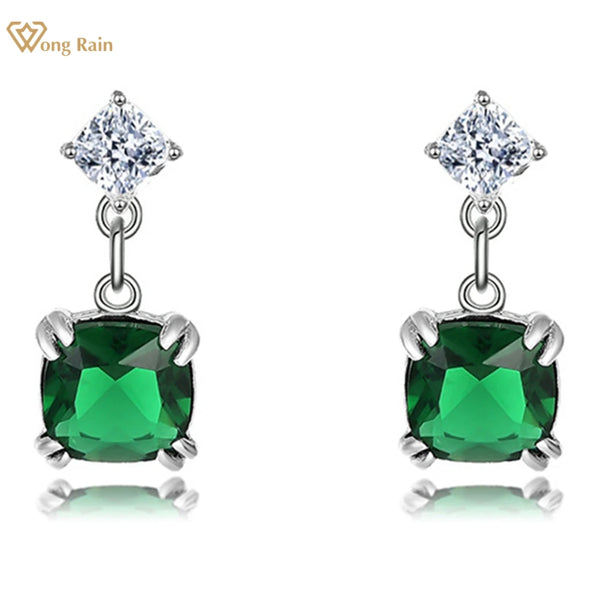 Wong Rain Vintage 100% 925 Sterling Silver Lab Emerald High Carbon Diamond Gemstone Colorful Hoop Drop Earrings Studs Jewelry