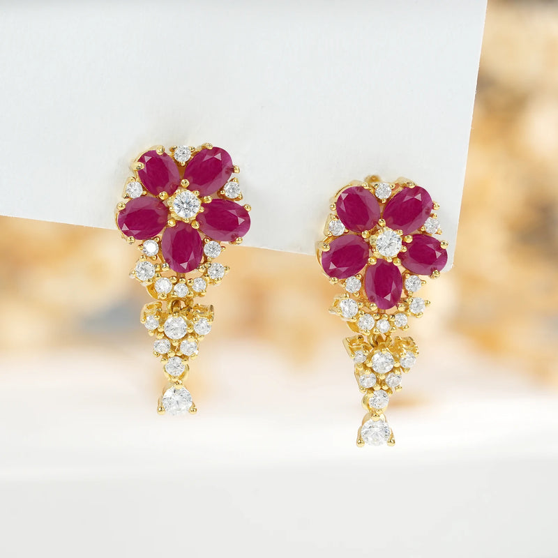 925 Sterling Silver Emerald and Ruby Floral Drop Earrings for Women