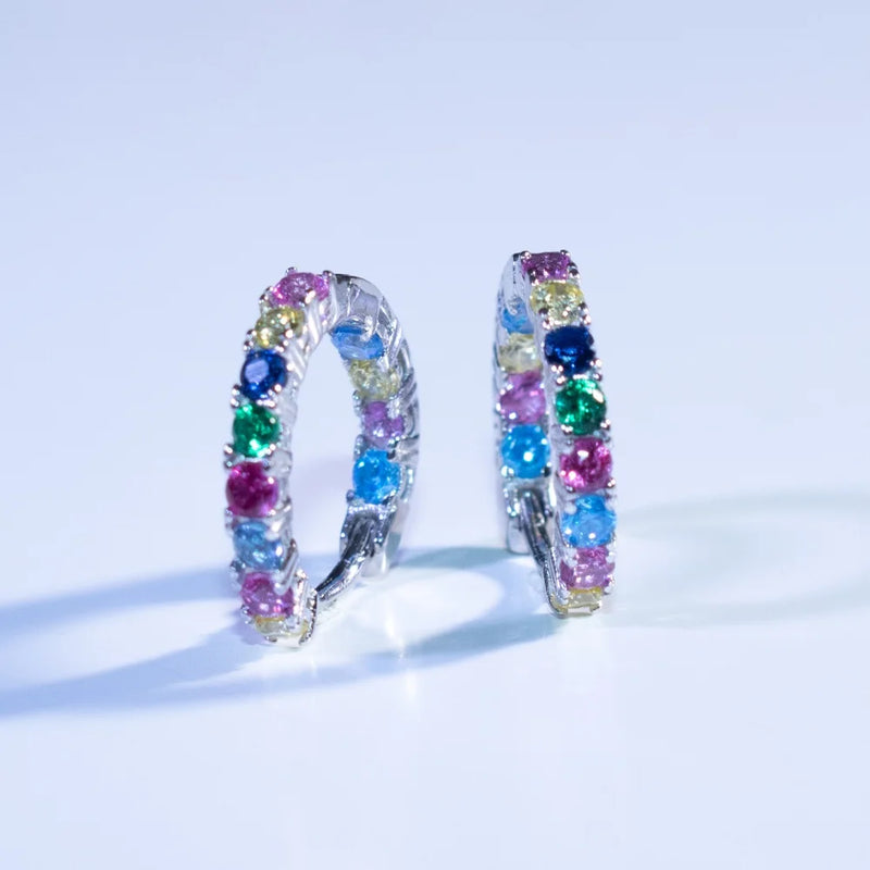 925 Sterling Silver Round Rainbow Cubic Zirconia Hoop Earrings for Women