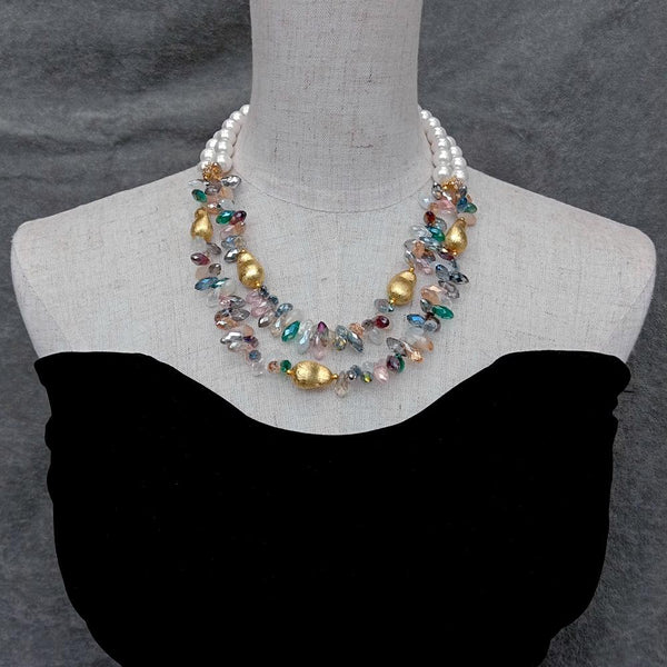 YYING 2 Rows White Sea Shell Pearl Multi Color Crystal Necklace
