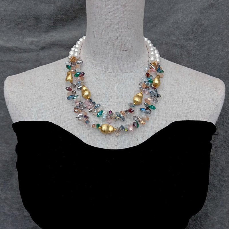 Gold Filled Multi-Color Crystal and Pearl Necklace for Women