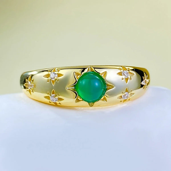 Wong Rain Vintage 18K Gold Plated 925 Sterling Silver 4 MM Round Green Jade Gemstone Wedding Party Ring Fine Jewelry for Women