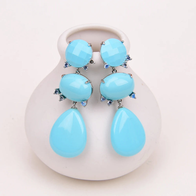 Gold Plated Blue Turquoise Water Drop Dangle Earrings for Women