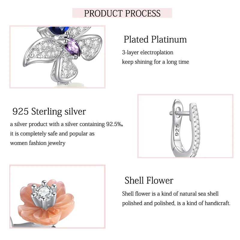 Sterling Silver Pink Shell Flower Zircon Earrings for Women