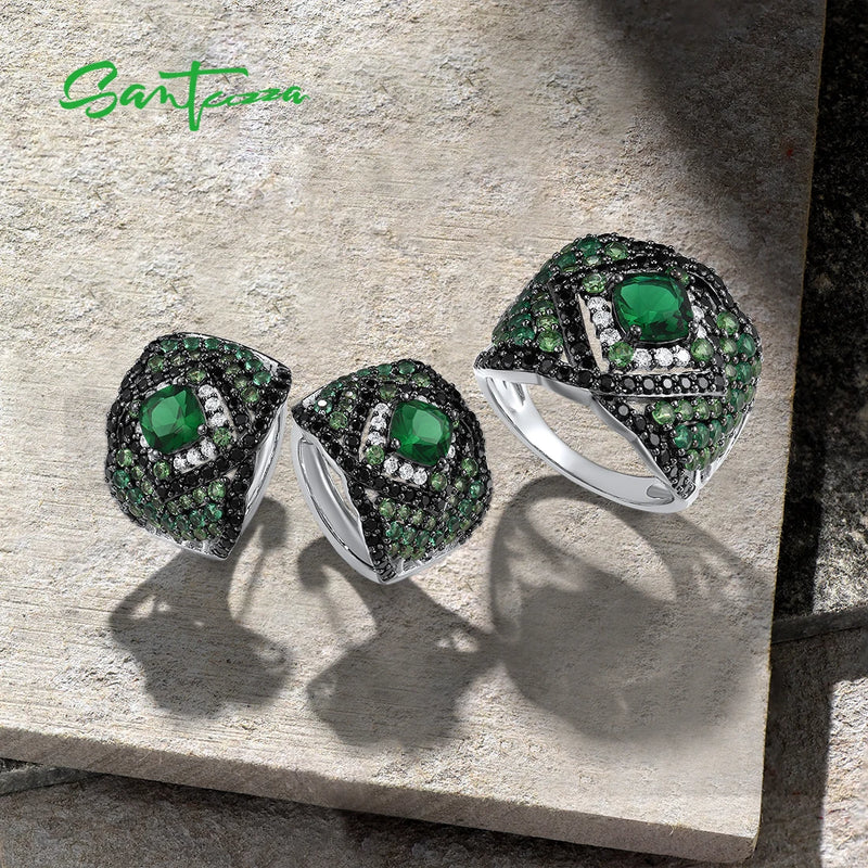 925 Sterling Silver Green and Black Spinel Earrings and Ring Set for Women