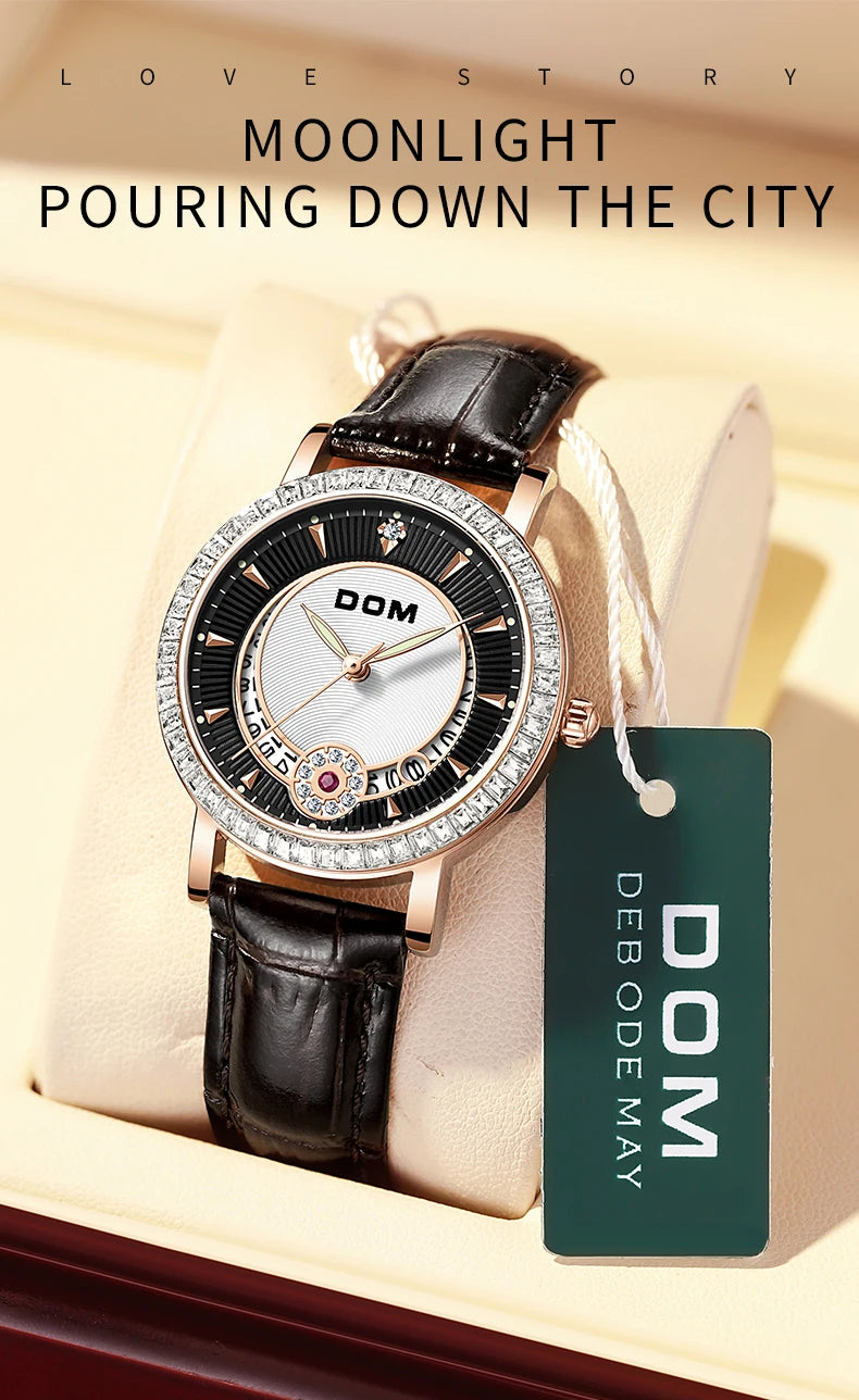 Black Diamond Quartz Leather Watch for Women