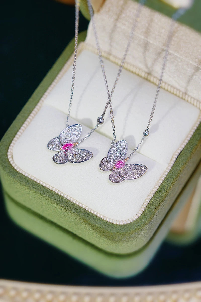 18K White Gold Pink Diamond Butterfly Pendant Necklace for Women