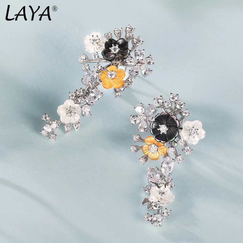 Laya Silver Earrings For Women Pure 925 Sterling Silver Delicate White Black Yellow Flowers Dangling серьги Fine Jewelry Handmad