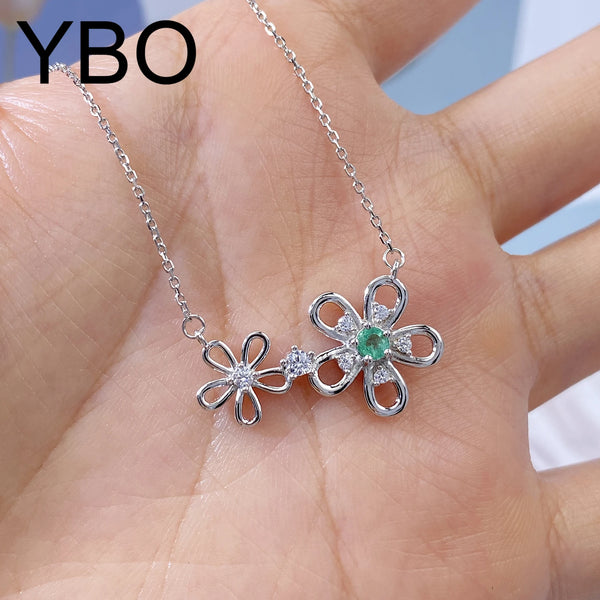 Sterling Silver Natural Emerald Flower Pendant Necklace for Women