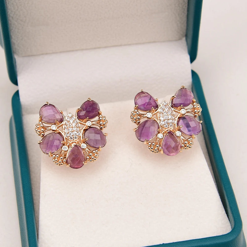 Gold Plated Amethyst Quartz Facetted Zircon Stud Earrings for Women