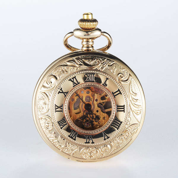 Silver-Tone Mechanical Skeleton Pocket Watch with Engraved Case and Fob Chain for Men and Women.