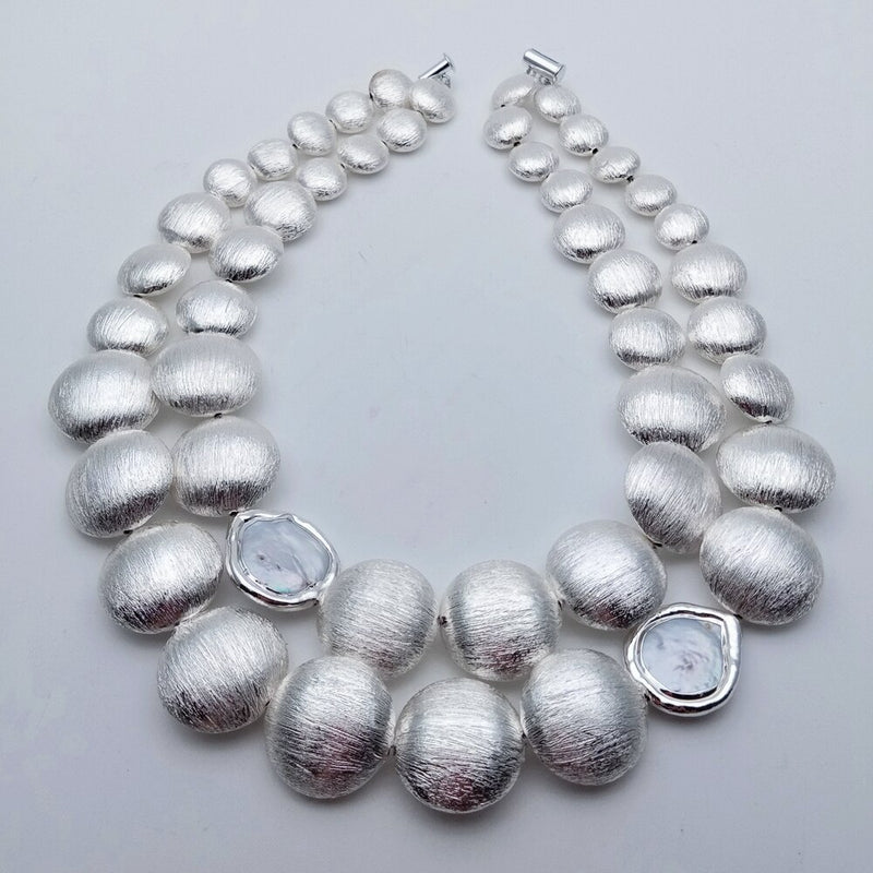 Sterling Silver Plated 2 Rows Cultured White Coin Pearl Necklace with Crystals for Women