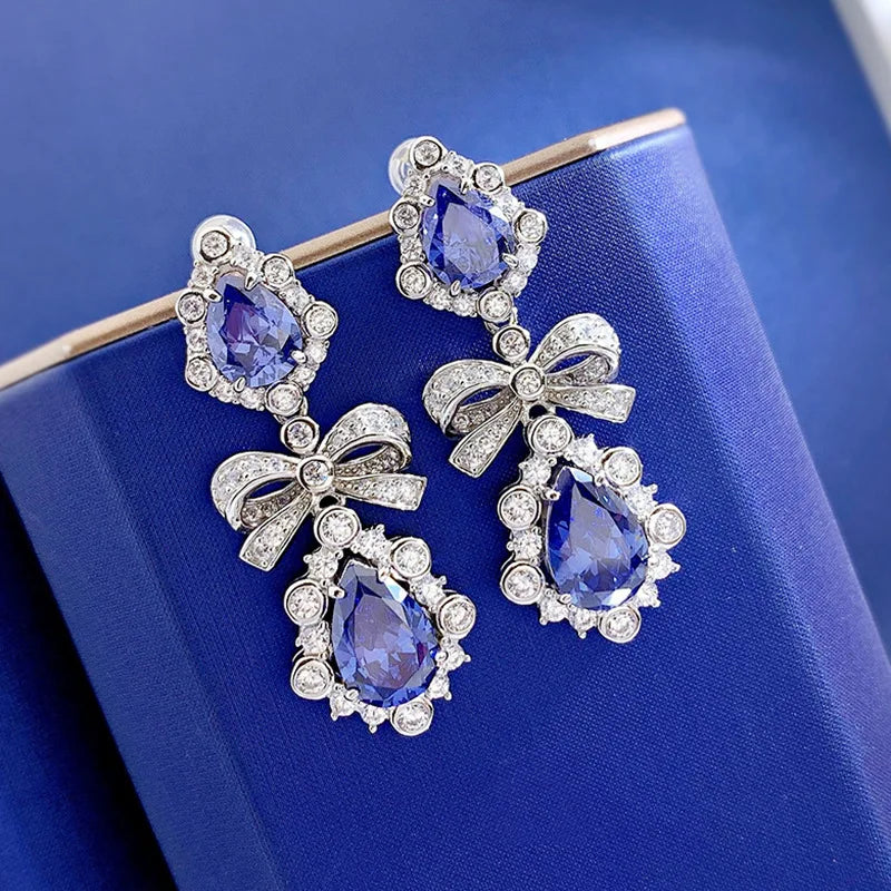 Sterling Silver Sapphire Bowknot Earrings - 8*12 MM for Women