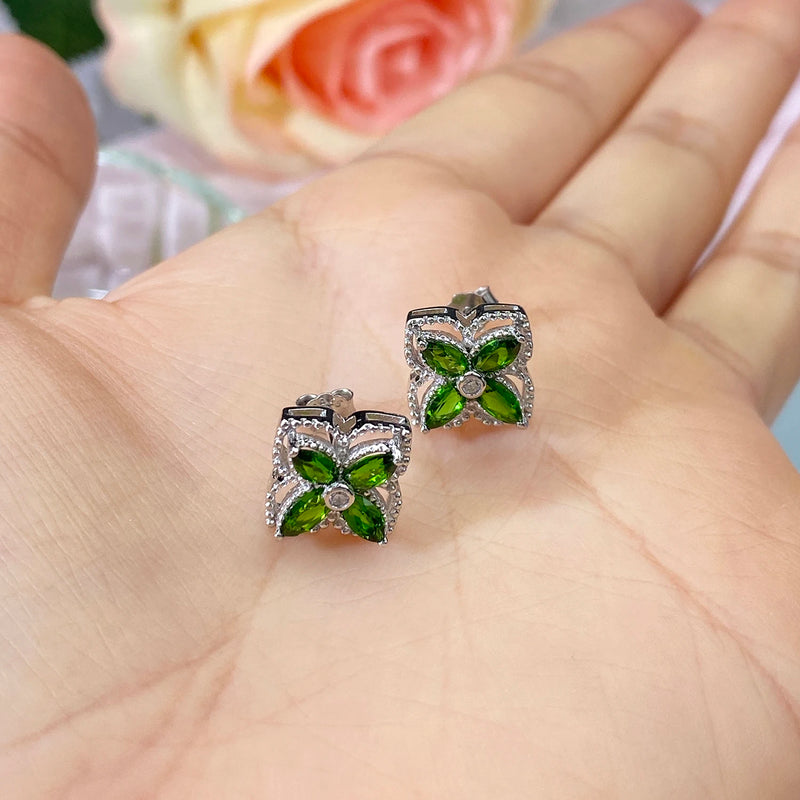 925 Silver Natural Mariquesa Diopside Stud Earrings with Four Leaf Clover Flower Design for Women