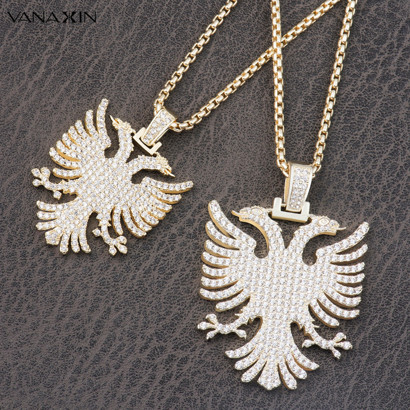 Gold Plated Cubic Zirconia Albanian Eagle Pendant Necklaces for Men