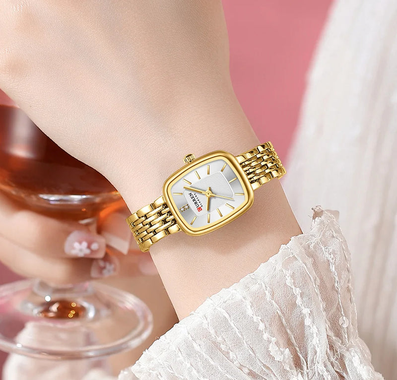 Gold Rectangular Dial Quartz Watch Bracelet for Lady