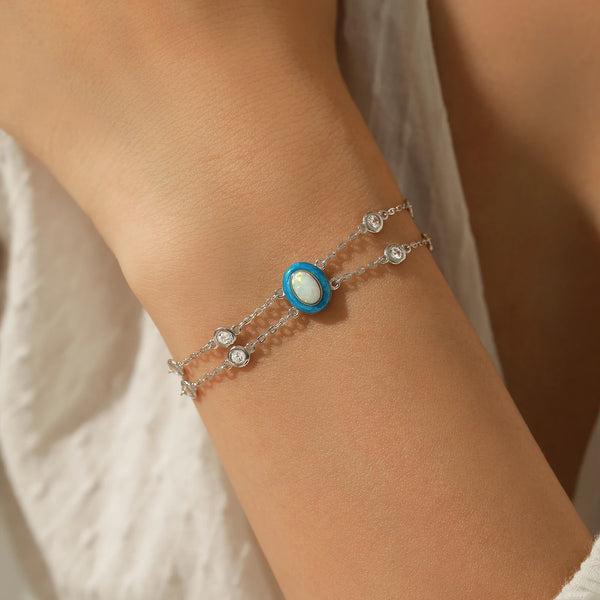 Sterling Silver Double Layer Link Chain Charm Bracelet with Gradient Enamel Oval Opal for Women