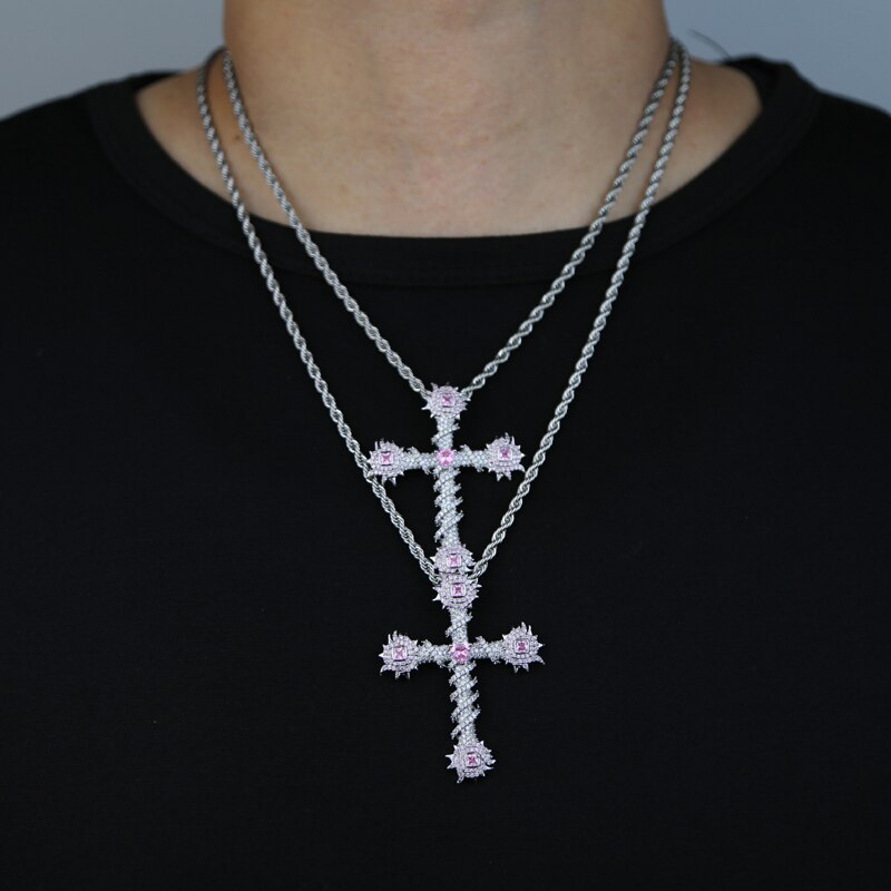 Stainless Steel Cubic Zirconia Paved Hip Hop Cross Pendant Necklace with Pink Heart CZ Stone for Unisex