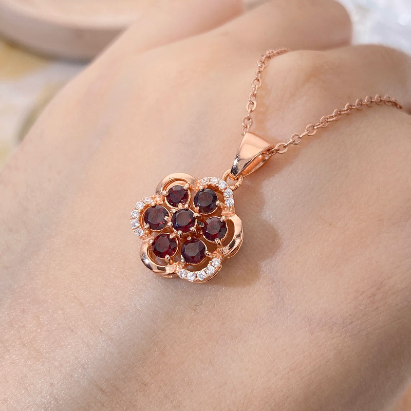 Rose Gold Plated Garnet Geometric Flower Pendant Necklace for Women