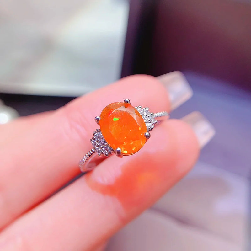 925 Sterling Silver 6mm x 8mm Orange Opal Ring with 18K Gold Plating for Women