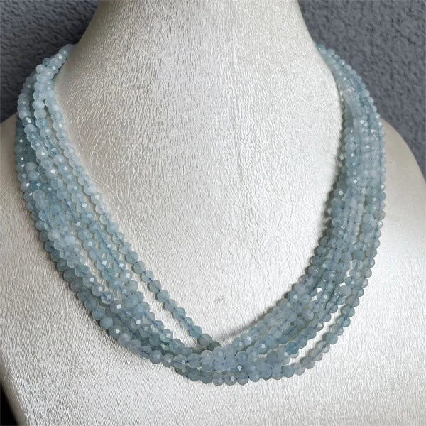 Sterling Silver Aquamarine Necklace, Multilayer Bead Chain Choker, Natural Stone, Sea Blue, Adjustable for Women