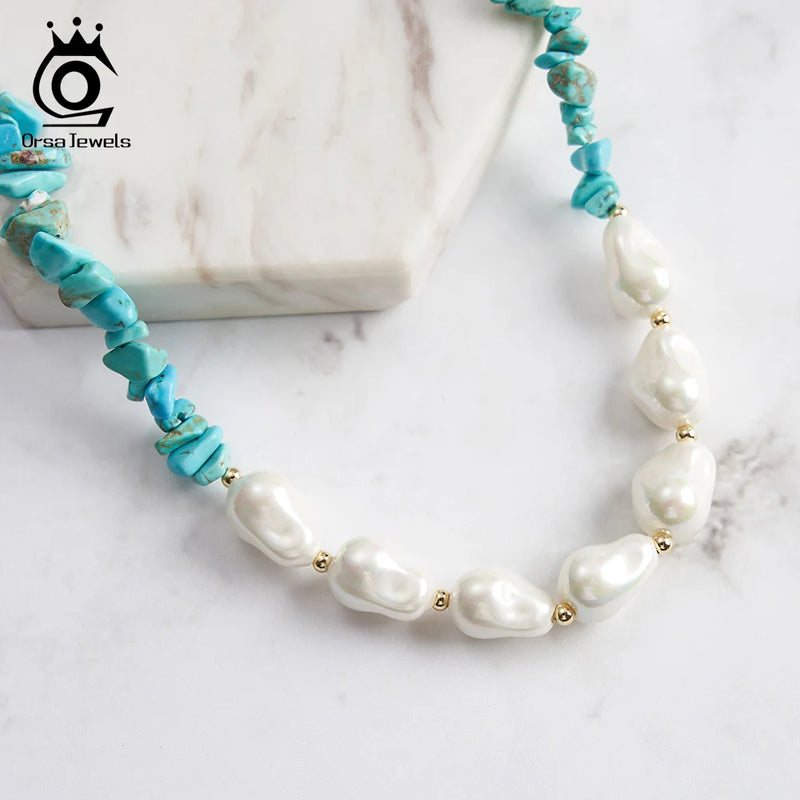 925 Silver Turquoise Baroque Shell Pearl Necklace for Women