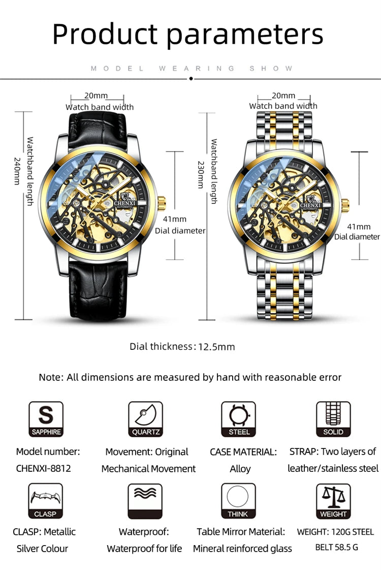 Stainless Steel Leather Strap Automatic Mechanical Watch for Men