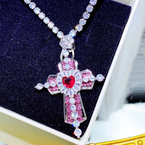 925 Sterling Silver Cross Necklace with Pink CZ Stone for Women