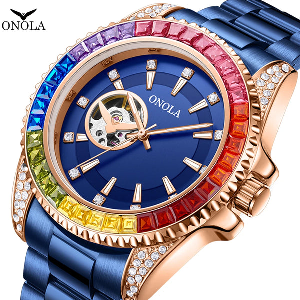 Stainless Steel Colored Diamond Hollowed Out Watch for Men