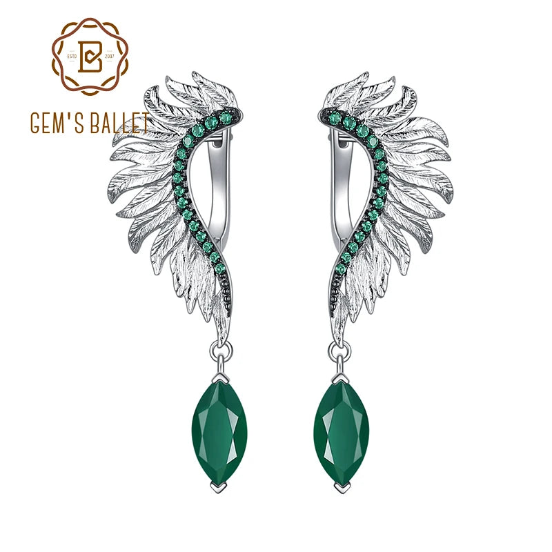 Sterling Silver Angel Wings Feather Earrings with Green Agate and Amethyst for Women