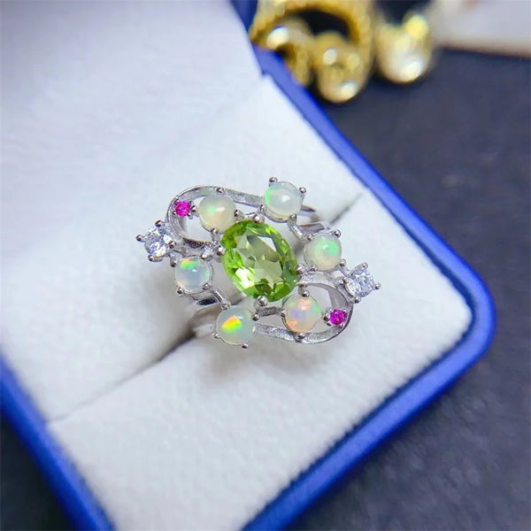 925 Sterling Silver Peridot Opal Ring, Korean Style, for Women