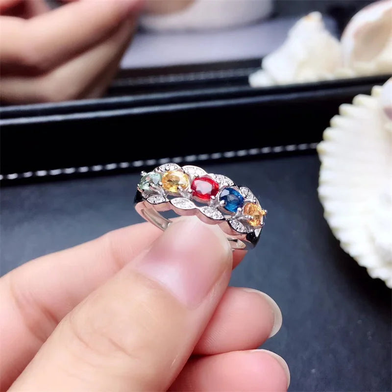 Sterling Silver Natural Multicolor Sapphire Ring for Women