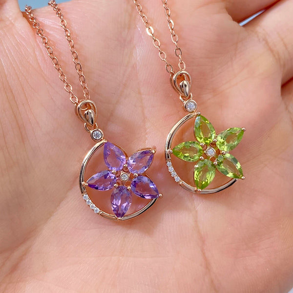 Rose Gold Plated 925 Sterling Silver Green Purple Garnet Flower Pendant Necklace for Women