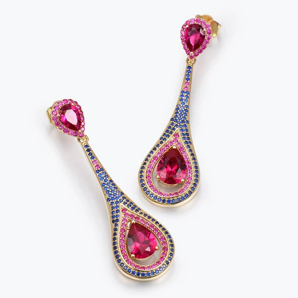 Silver 18k Gold Plated Pear Cut Ruby and Diamond Water Drop Earrings for Women