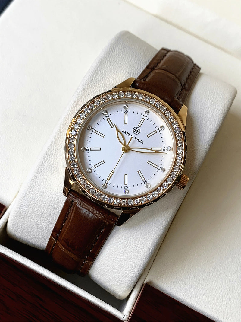 Women's Fashion Quartz Waterproof Brown Leather Wristwatch for Elegant Parties