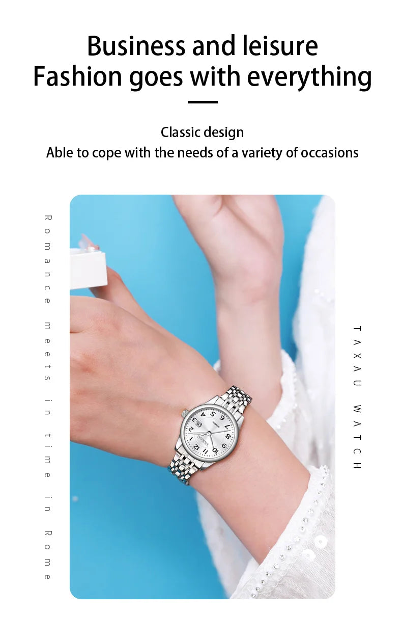 Stainless Steel Quartz Watch with Waterproof Feature for Women