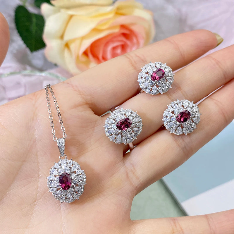 925 Sterling Silver Natural Pyrope Gemstone Cubic Zircon Jewelry Sets for Women