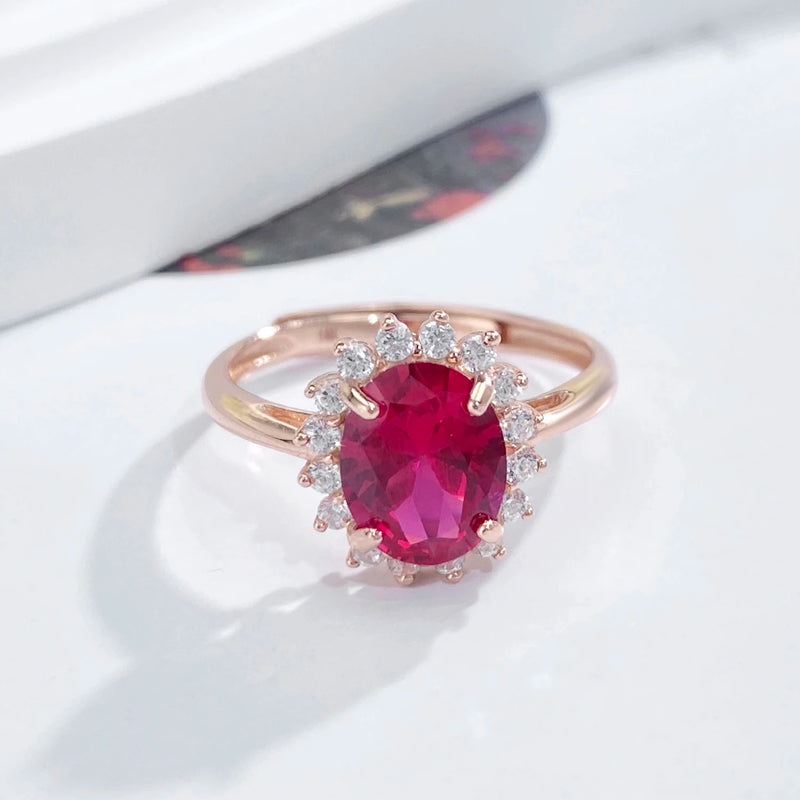 18K Rose Gold Plated Sterling Silver Red Corundum CZ Ring for Women