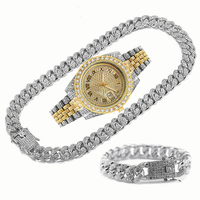 14k Gold Iced Out Watch with Cuban Link Chains Bracelet and Necklace Set for Men