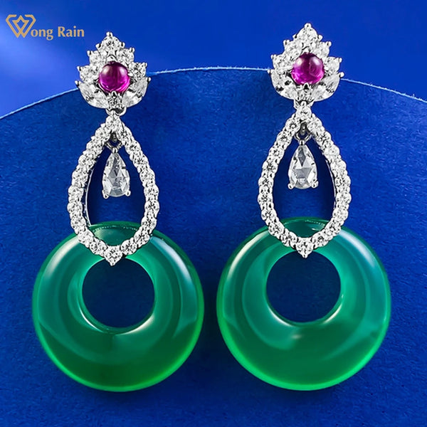 Wong Rain Elegant Vintage 925 Sterling Silver 20MM Green Jade High Carbon Diamond Gemstone Drop Earrings Fine Jewelry for Women