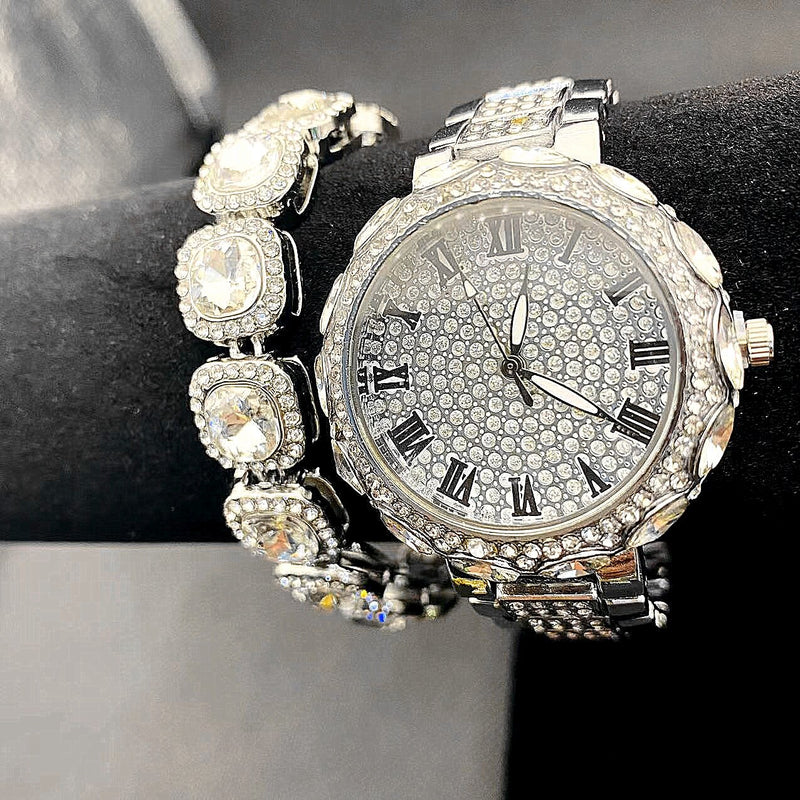 Silver/Gold Iced Out Diamond Watch with Tennis Chain Bracelet Set for Women