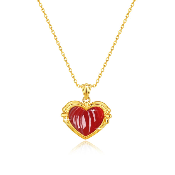 18k Gold Red Agate Heart Pendant Necklace for Women