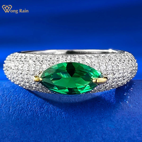 Wong Rain Vintage 925 Sterling Silver 5*10 MM Marquise Cut Emerald Sapphire Ruby High Carbon Diamond Gems Wedding Ring Jewelry