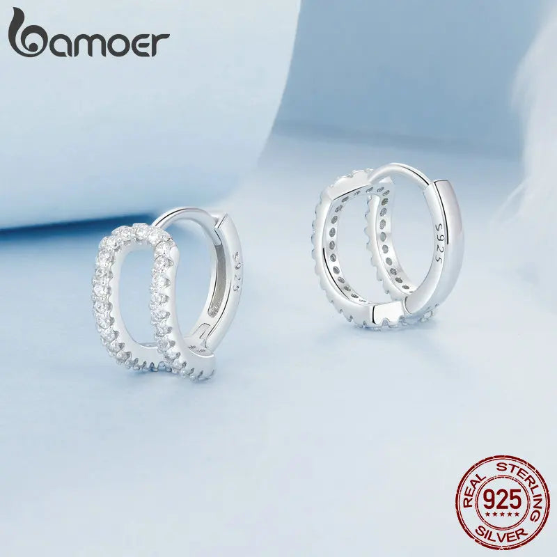 White Gold Plated Sterling Silver Huggie Hoop Earrings with CZ Sparkle for Women