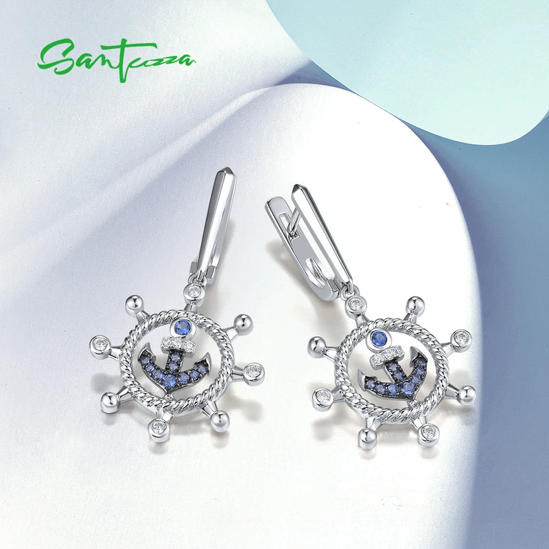 Sterling Silver Cubic Zirconia Rudder Anchor Earrings for Women