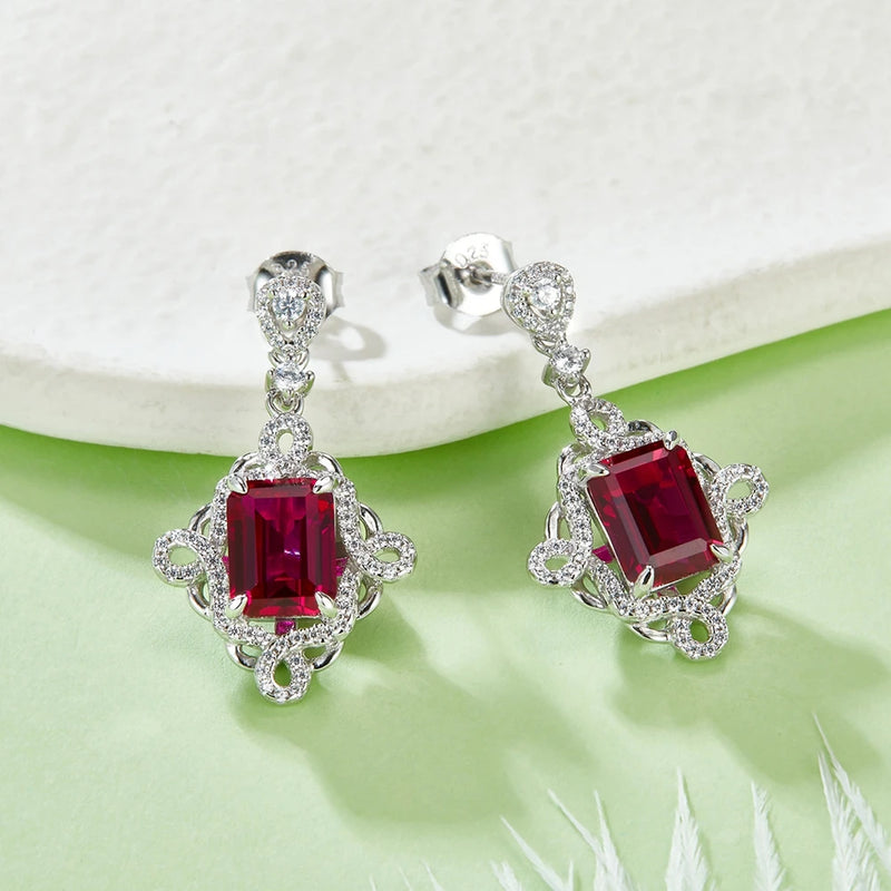 Sterling Silver 4.00 ctw Emerald Cut Ruby & Diamond Drop Earrings for Her