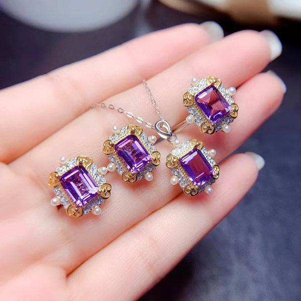 925 Sterling Silver Amethyst Jewelry Set for Women