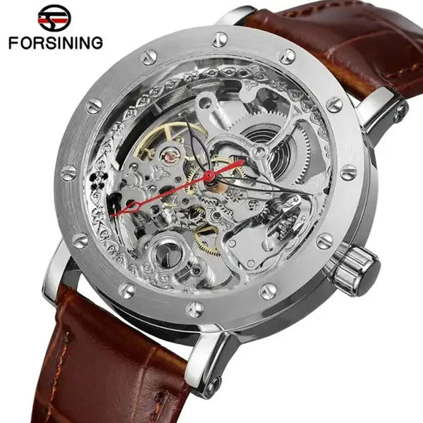 Stainless Steel Leather Skeleton Hollow Watch for Men